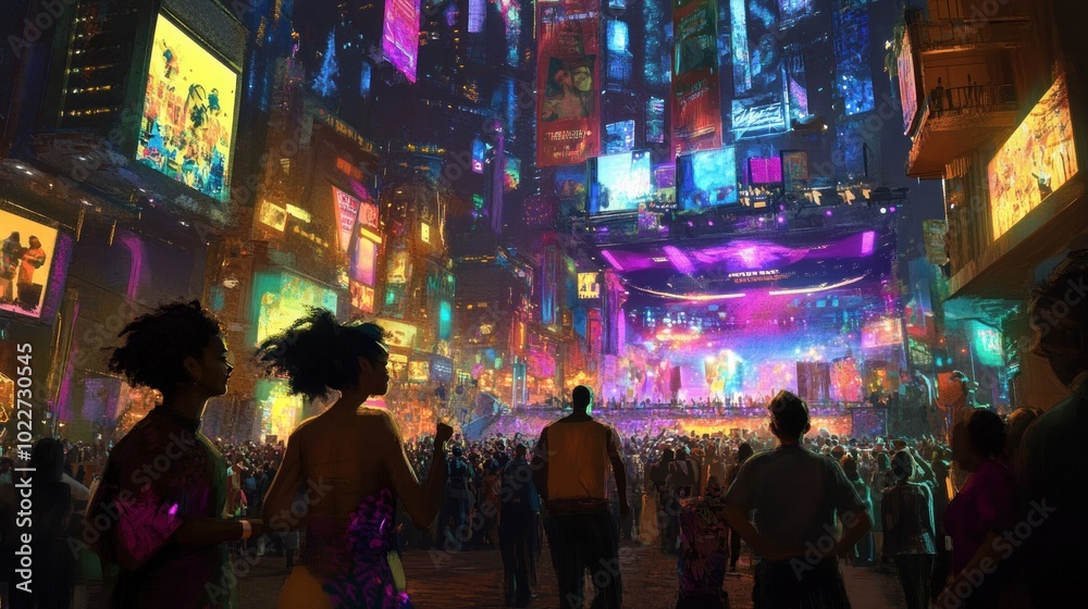 Fototapeta premium A vibrant urban festival scene with a lively crowd and colorful advertisements.