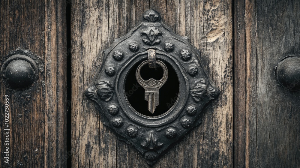 A close-up black-and-white image of an antique keyhole on a wooden door, with intricate details on the metalwork. A close-up black-and-white image of an antique keyhole on a wooden door, with intricate details on the metalwork.
