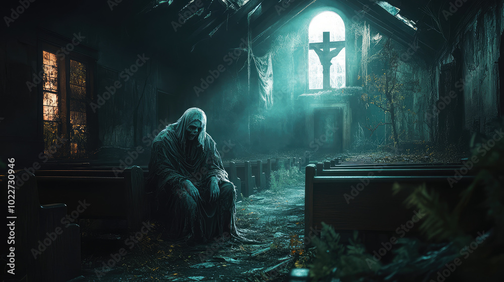 A chilling scene of a ghostly, ethereal face and tattered vestments, haunting an old, abandoned church with eerie, dim lighting and a sense of foreboding. A chilling scene of a ghostly, ethereal face and tattered vestments, haunting an old, abandoned church with eerie, dim lighting and a sense of foreboding.