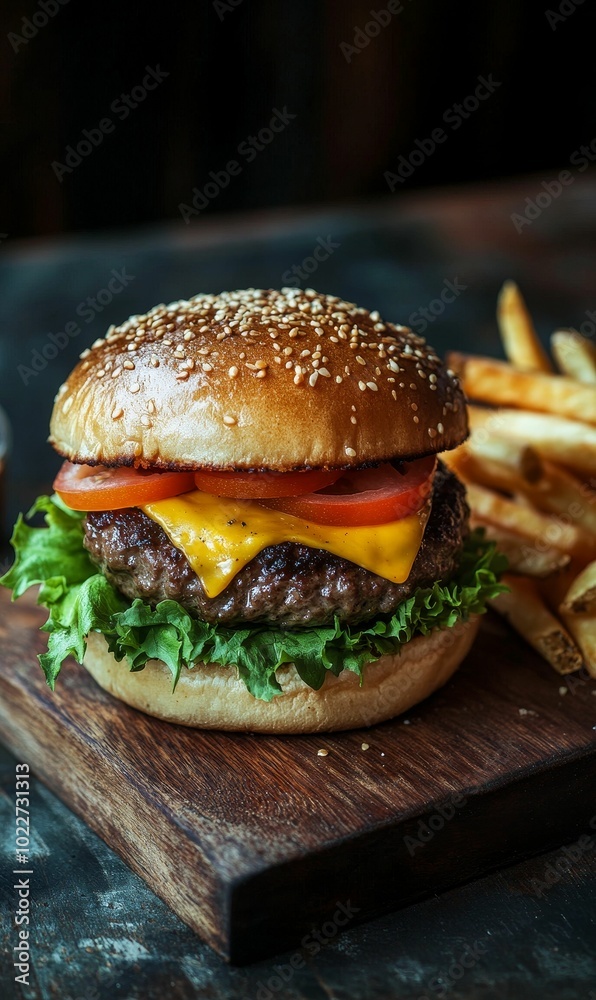 Cheeseburger with lettuce, tomato, and fries.