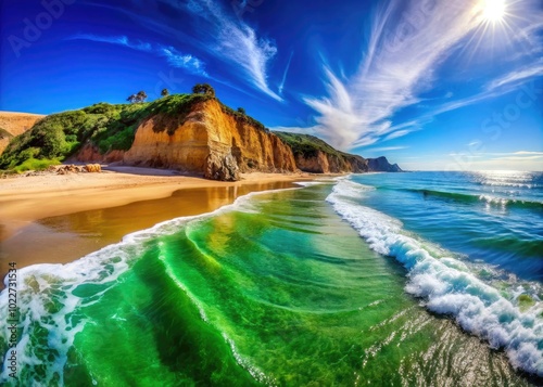 Scenic Zuma Beach with Golden Sands, Turquoise Waves, and Lush Green Cliffs Under Clear Blue Sky photo