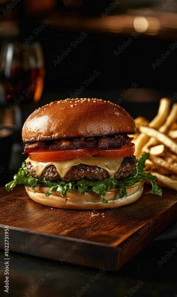 Juicy burger with lettuce, tomato, cheese, and fries. Juicy burger with lettuce, tomato, cheese, and fries.