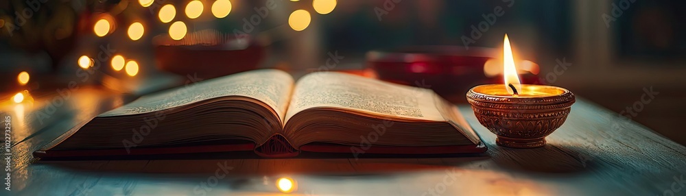 A serene scene featuring an open book beside a flickering candle, creating a cozy and inviting atmosphere for reading. A serene scene featuring an open book beside a flickering candle, creating a cozy and inviting atmosphere for reading.