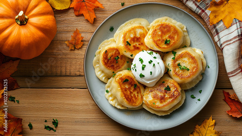 Wallpaper Mural Golden, crispy pierogies served with dollop of sour cream on plate, surrounded by autumn leaves and pumpkin Torontodigital.ca