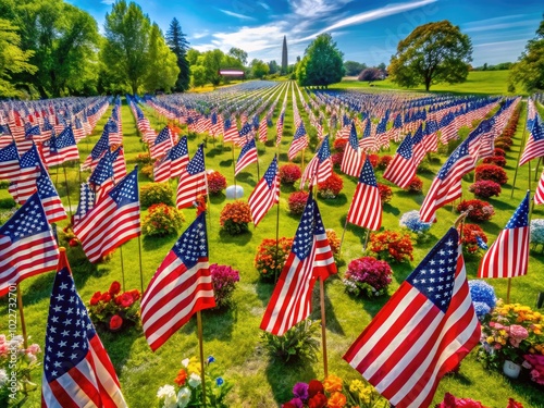 Serene 0911 Memorial Tribute with Flags and Flowers Honoring the Spirit of Remembrance and Unity