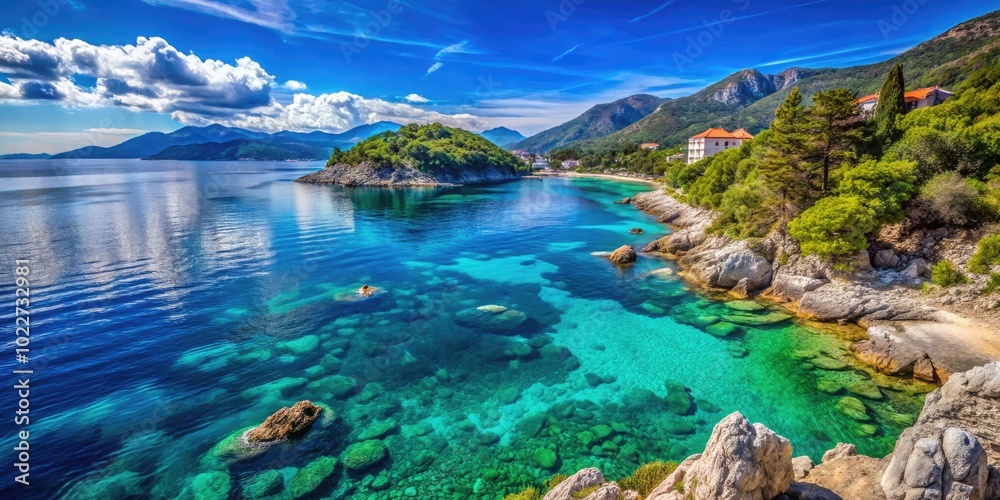 Fototapeta premium Serene Adriatic Coastline with Crystal Clear Water and Scenic Rocky Beaches Under Clear Blue Sky