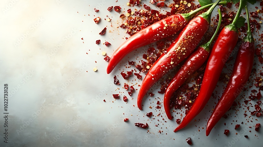 Red chili peppers on a grey background with red pepper flakes. Red chili peppers on a grey background with red pepper flakes.