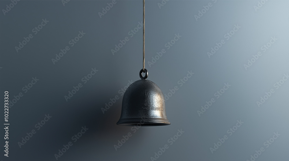 A delicate bell hangs from a thin string, rendered with sharp detail to show its shiny surface and subtle engravings. The background is neutral and minimal, emphasizing the bell's beauty and inviting A delicate bell hangs from a thin string, rendered with sharp detail to show its shiny surface and subtle engravings. The background is neutral and minimal, emphasizing the bell's beauty and inviting