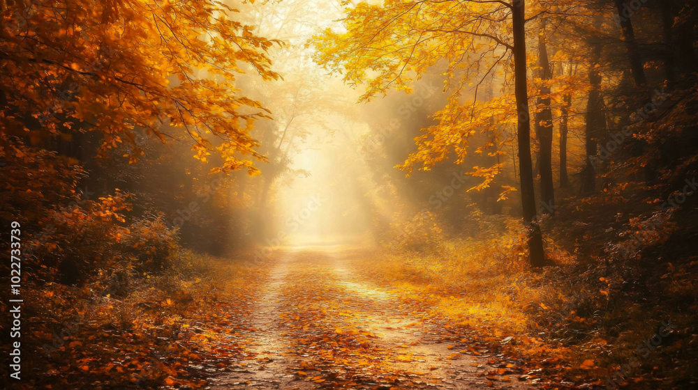 Obraz premium Sunlight filters through autumn trees on a peaceful forest path in the morning, creating a serene and warm atmosphere