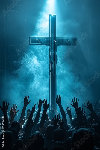 Gathered in reverence, a sea of hands reaches toward the illuminated cross, surrounded by an ethereal haze and captivating light in a spiritual atmosphere photo