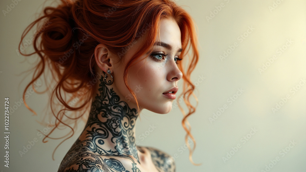 Female face with tattoos, isolated on delicate background, close-up Female face with tattoos, isolated on delicate background, close-up