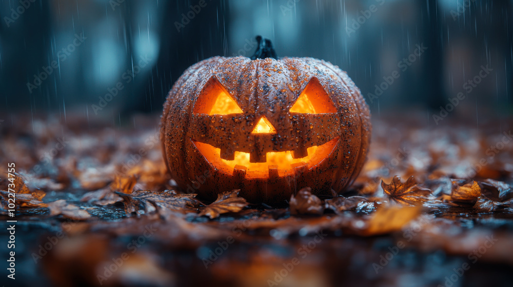 A glowing jack-o'-lantern surrounded by fallen leaves on a cool autumn evening with sparks illuminating the scene A glowing jack-o'-lantern surrounded by fallen leaves on a cool autumn evening with sparks illuminating the scene