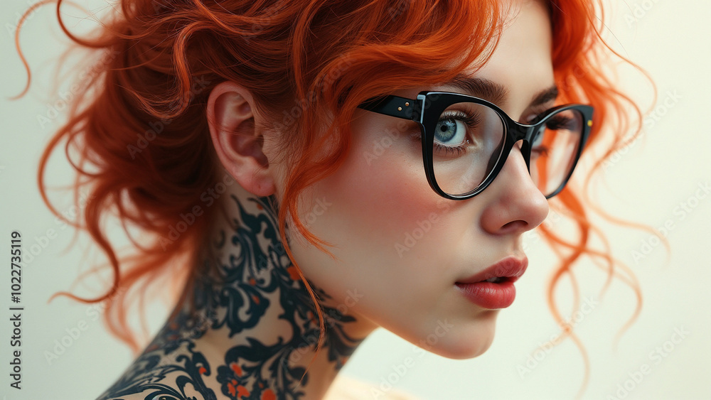 Female face with tattoos, isolated on delicate background, close-up Female face with tattoos, isolated on delicate background, close-up