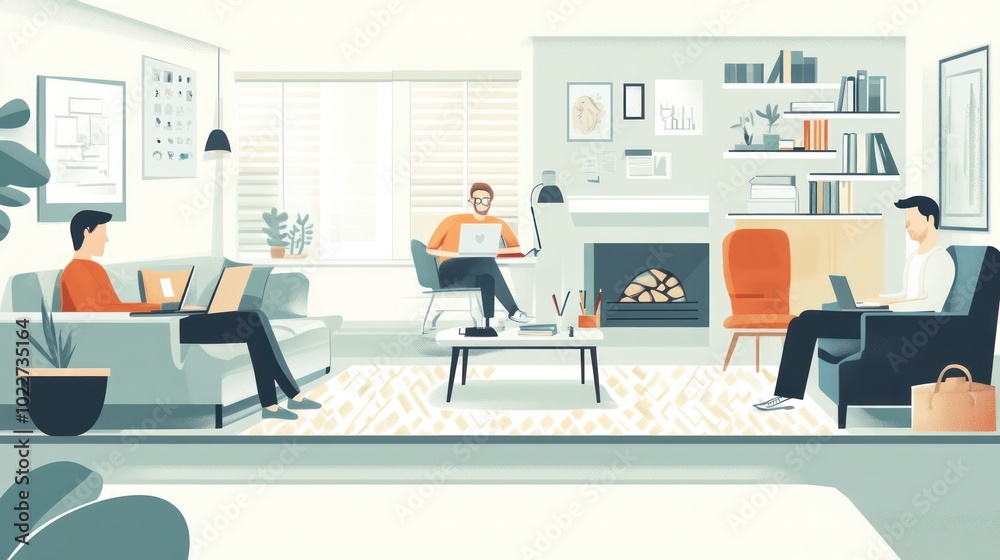 Illustration of freelancers working remotely from various locations, managing projects and clients independently, illustrations Illustration of freelancers working remotely from various locations, managing projects and clients independently, illustrations