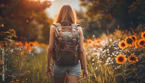 A woman strolling through a vibrant sunflower field at sunset, embracing nature s beauty photo