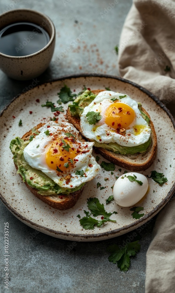 Avocado toast with fried eggs and spices. Avocado toast with fried eggs and spices.