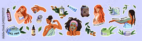 Organic beauty cosmetics set. Natural bodycare, skincare products for SPA routine, bathing. Girls care about skin, body with moisturizing cream, serum, face mask. Flat isolated vector illustrations