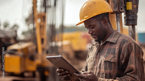 A drilling operator using a tablet to control an artisan water drilling rig, optimizing the process through digital monitoring and adjustments