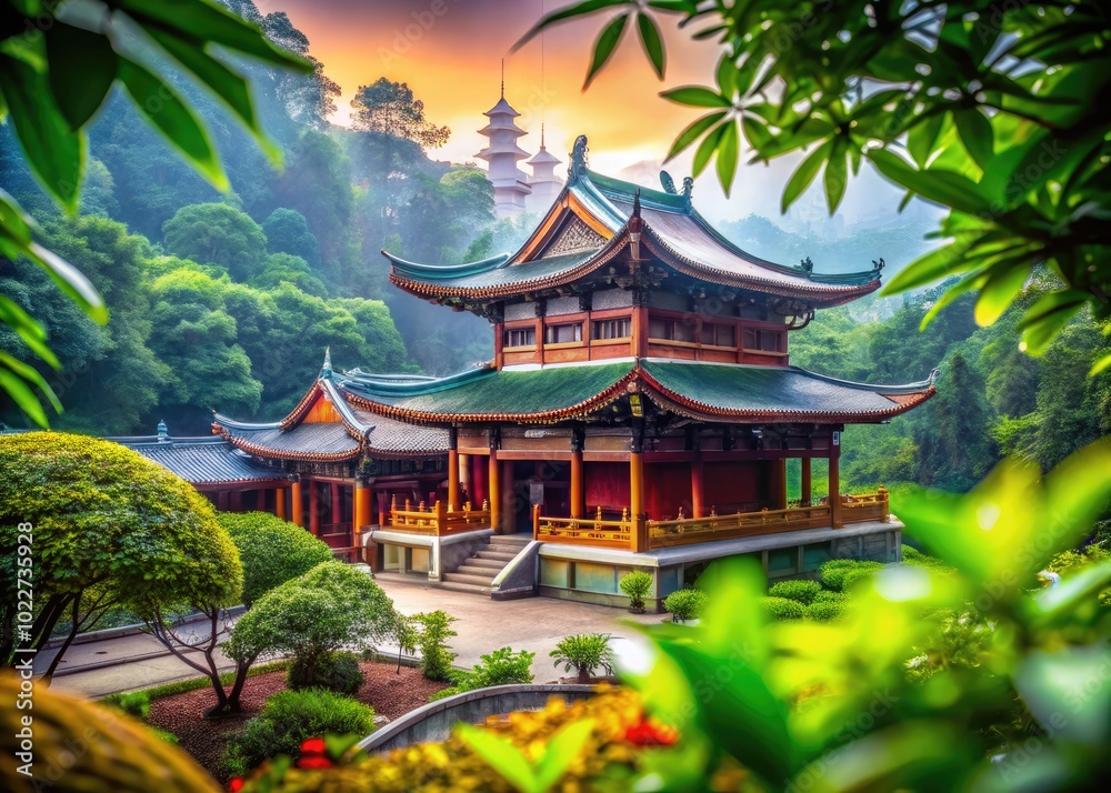 Serene Chinese Temple Surrounded by Lush Nature and Traditional Architecture in Tranquil Setting Serene Chinese Temple Surrounded by Lush Nature and Traditional Architecture in Tranquil Setting