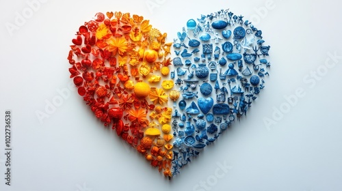 A heart shape filled with colorful objects representing love and unity.