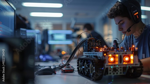 A computer science lab where students learn about robots and robot programming. photo