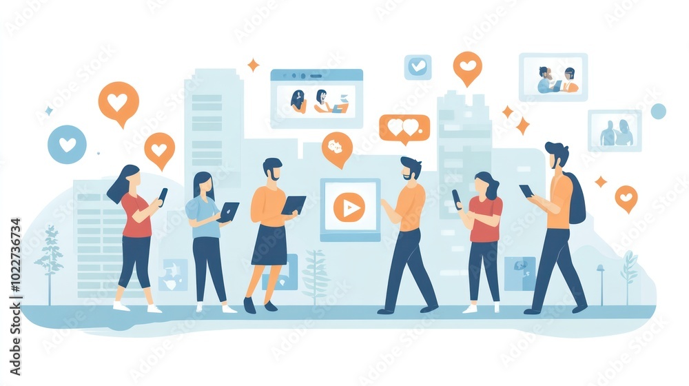 Illustration of local businesses using social media marketing to connect with nearby customers, promote events, and build community, illustrations Illustration of local businesses using social media marketing to connect with nearby customers, promote events, and build community, illustrations
