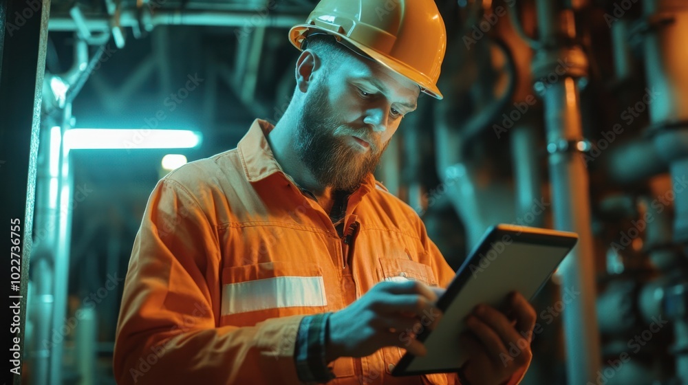 A drilling rig operator monitoring well depth and drill speed on a digital tablet, managing an automated rig for oil and gas exploration A drilling rig operator monitoring well depth and drill speed on a digital tablet, managing an automated rig for oil and gas exploration