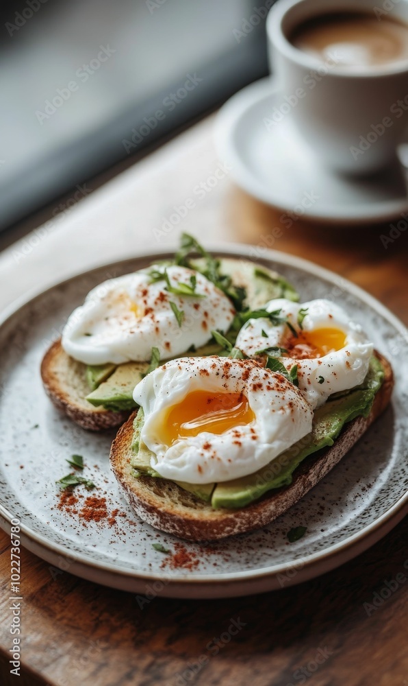 Avocado toast with poached eggs and spices. Avocado toast with poached eggs and spices.
