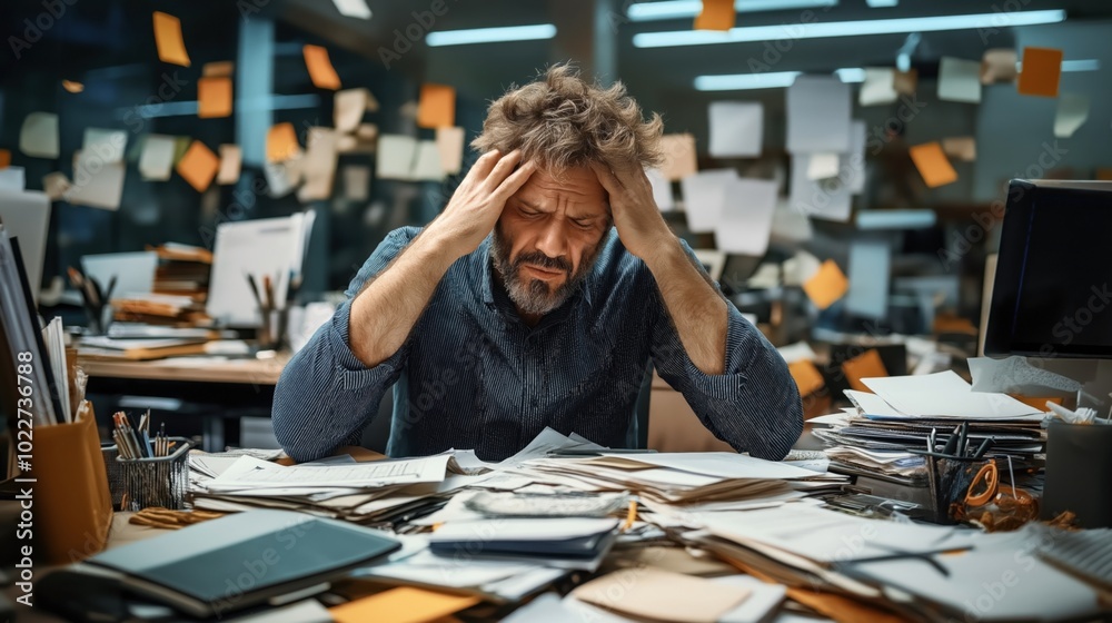 Man sitting at a cluttered desk with papers and sticky notes everywhere, looking stressed and holding his head, in a messy office environment. Man sitting at a cluttered desk with papers and sticky notes everywhere, looking stressed and holding his head, in a messy office environment.