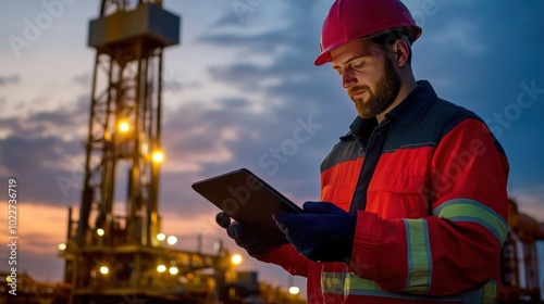 A drilling rig operator monitoring well depth and drill speed on a digital tablet, managing an automated rig for oil and gas exploration photo