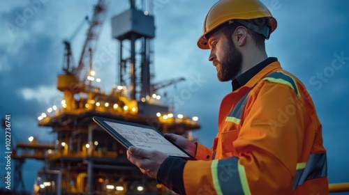 A drilling rig operator monitoring well depth and drill speed on a digital tablet, managing an automated rig for oil and gas exploration photo