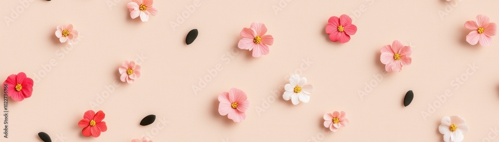 A beautiful arrangement of colorful flowers scattered on a soft peach background, ideal for spring-themed designs and decor A beautiful arrangement of colorful flowers scattered on a soft peach background, ideal for spring-themed designs and decor