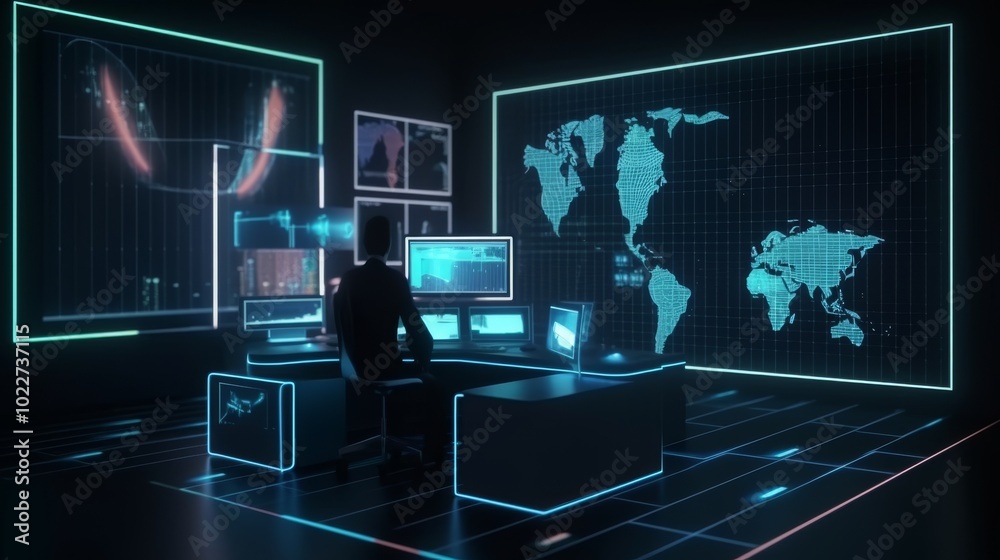 Naklejka premium A man sits at a desk in front of a computer monitor with a map of the world on t