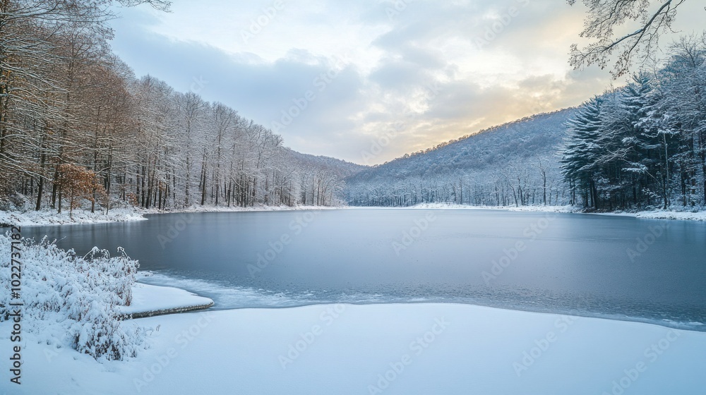 Fototapeta premium A frozen lake surrounded by snow-covered trees and hills, showcasing the beauty and stillness of winter
