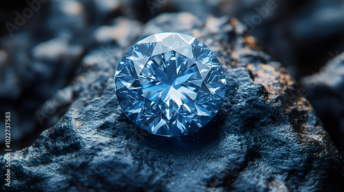 A blue diamond surrounded by dark rocks and small diamonds: a stunning visual contrast showcasing the brilliance of the blue gem against the rough texture of the dark stones. The arrangement highlight