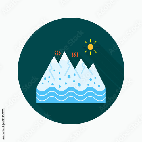 Melting poles flat icon isolated on circular colored background with long shadow. For sign, symbol, infographics, presentation or web graphics.