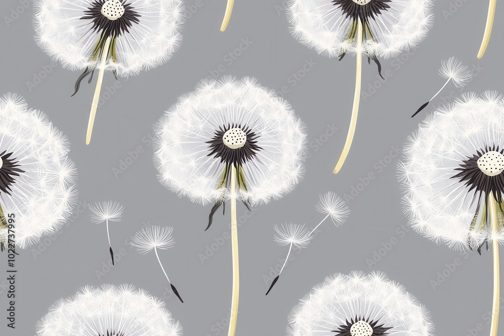 Obraz premium Beautiful pattern of dandelion flowers on a gray background, showcasing natural elegance and softness