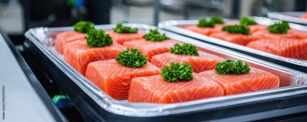 Fresh Salmon Fillet Portions with Parsley Garnish in Aluminum Trays Fresh Salmon Fillet Portions with Parsley Garnish in Aluminum Trays
