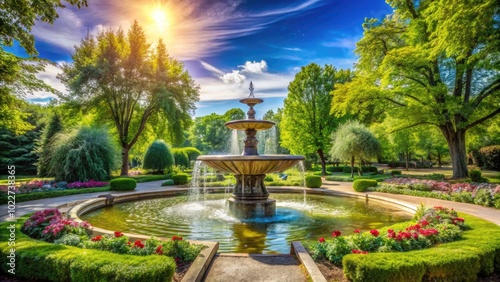 Serene Fountain Surrounded by Lush Greenery in a Tranquil Park Landscape on a Sunny Day