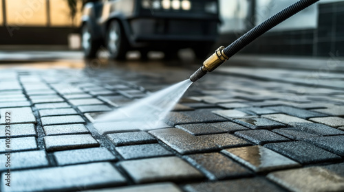 Close-up of a pressure washer cleaning a cobblestone driveway with a vehicle visible in the blurred background, demonstrating outdoor surface maintenance.