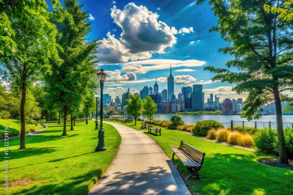 Fototapeta premium Serene Greenpoint Park Landscape with Lush Greenery and Peaceful Walking Paths Under Blue Sky