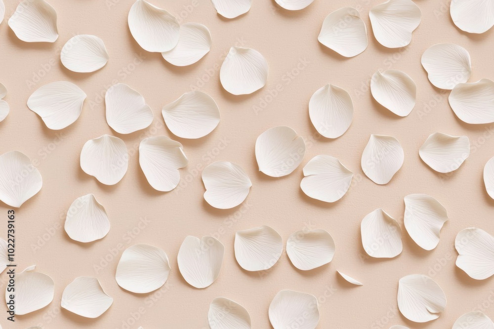 Soft white petals scattered elegantly on a pale background, perfect for creating a serene and romantic atmosphere Soft white petals scattered elegantly on a pale background, perfect for creating a serene and romantic atmosphere