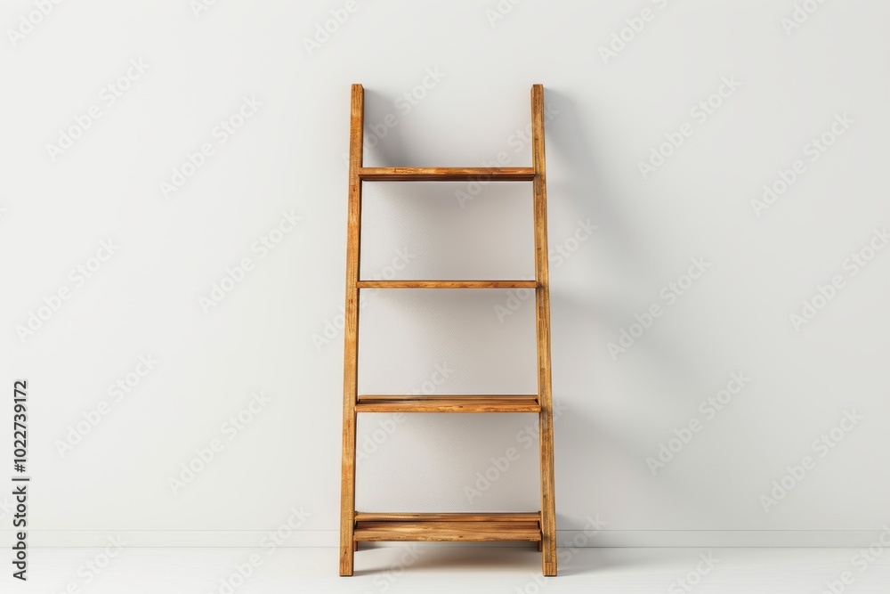 Wooden ladder leaning against a plain white wall in a bright indoor space Wooden ladder leaning against a plain white wall in a bright indoor space