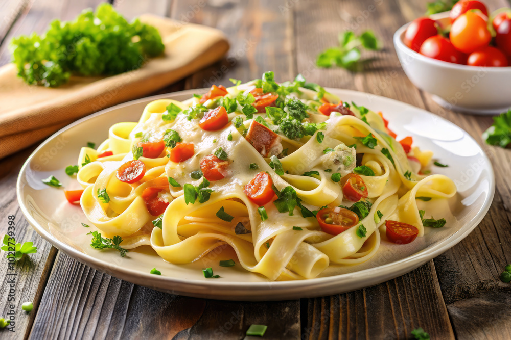 Delicious fettuccine pasta topped with fresh tomatoes and herbs, served on wooden table. This vibrant dish is perfect for pasta lovers seeking flavorful meal Delicious fettuccine pasta topped with fresh tomatoes and herbs, served on wooden table. This vibrant dish is perfect for pasta lovers seeking flavorful meal
