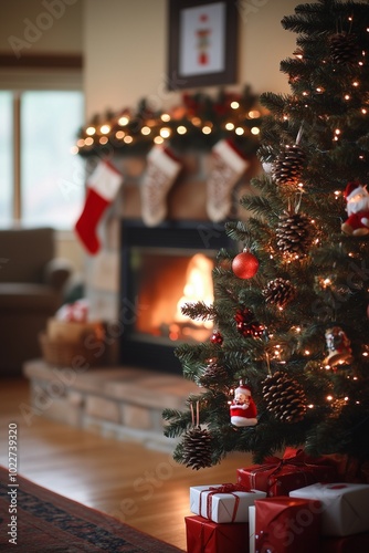 Warm Christmas Setting with Fireplace, Stockings, and Gifts under the Tree