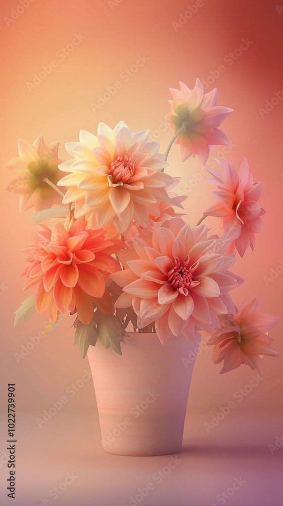 Obraz premium Bouquet of Pink and Orange Dahlias in a White Pot