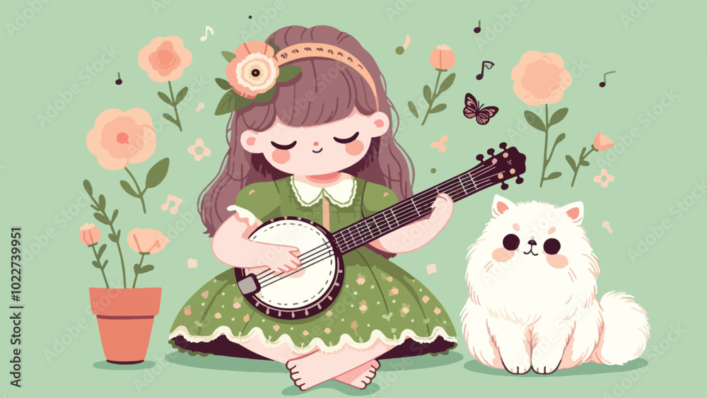 Naklejka premium illustration of a little girl playing a Banjo accompanied by a Persian cat