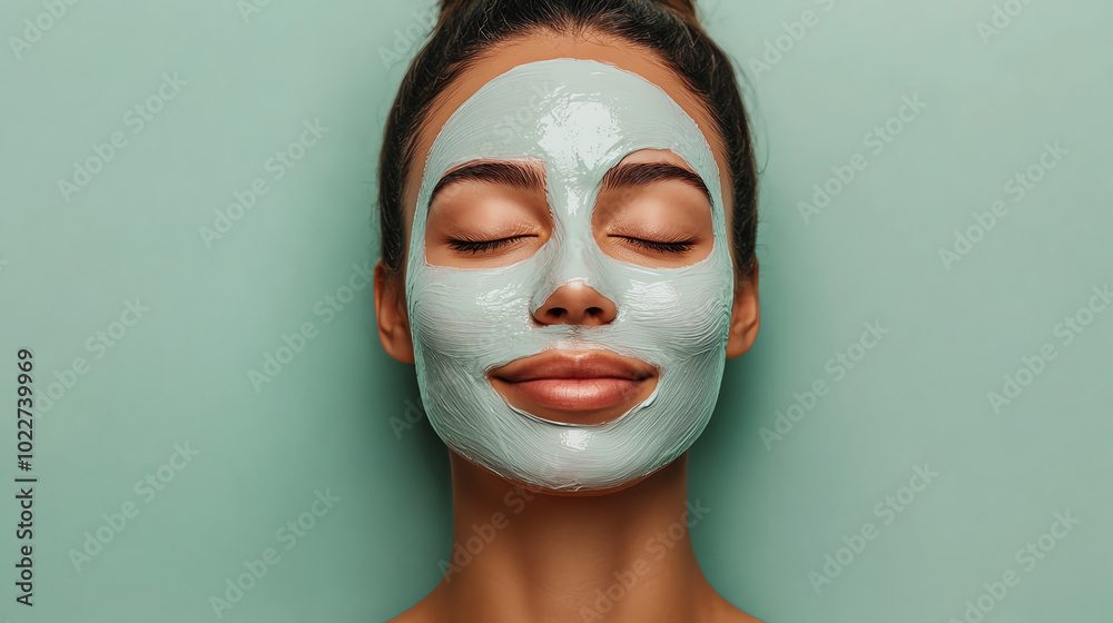 A woman enjoying a facial mask treatment, radiating relaxation and self-care. Her skin glows under the soothing green mask, set against a serene backdrop. A woman enjoying a facial mask treatment, radiating relaxation and self-care. Her skin glows under the soothing green mask, set against a serene backdrop.