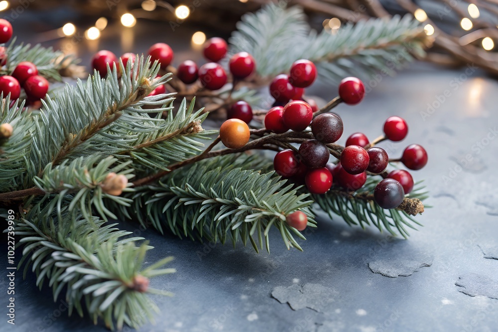 Fir branches with red berries on a frosty surface, surrounded by soft holiday lights. Ideal for Christmas cards or banners with ample copy space for personalized messages. Fir branches with red berries on a frosty surface, surrounded by soft holiday lights. Ideal for Christmas cards or banners with ample copy space for personalized messages.
