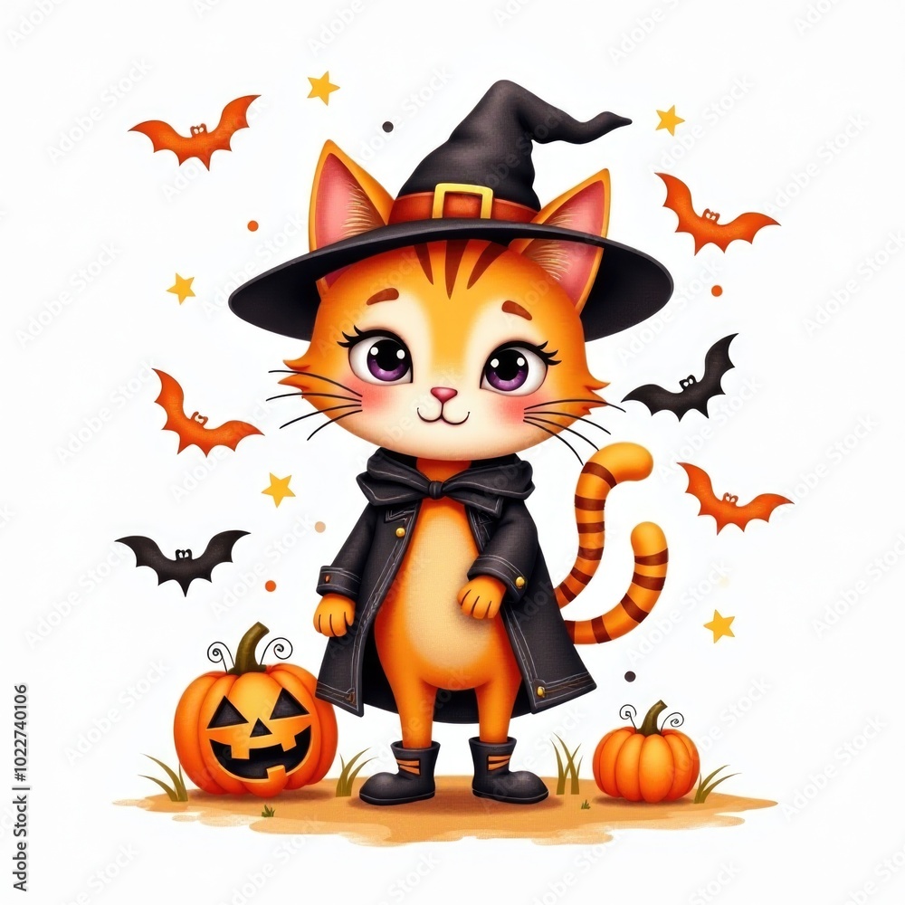 cat with pumpkin isolated halloween illustration in watercolor style. cute character jack-o-lantern cat with pumpkin isolated halloween illustration in watercolor style. cute character jack-o-lantern